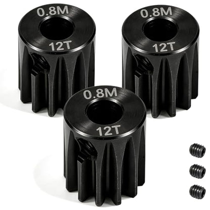 3-Pack Steel Metal 0.8M 5mm Pinion Motor Gear Sets 12T Compatible with HPI Kyosho Losi Axial Tamiya 1/8 1/10 RC Car Monster Truck Buggy, 0.8 Module Gear for Traxxsa Arrma - style: 3Pcs 12T