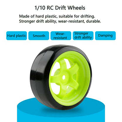 1/10 RC Drift Tires & Wheels, Fluorescent Green | Hard Plastic Drift Tires, 12mm Hex Rims, For HSP Redcat HPI Tamiya MST, Includes 8 Lock Nuts & Tool - color: Green