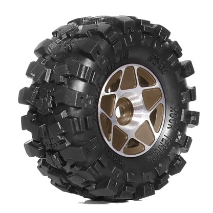 REDSPIDER 1.0 Beadlock Wheels and Tires Set（4pcs） 1.0 Crawler Tires 57 * 25mm Aluminum Alloy 1.0 Wheel 1/18 1/24 RC Crawler Tires for SCX24 TRX4M FMS FCX24 FCX18 AX24 (Brown) - color: Brown