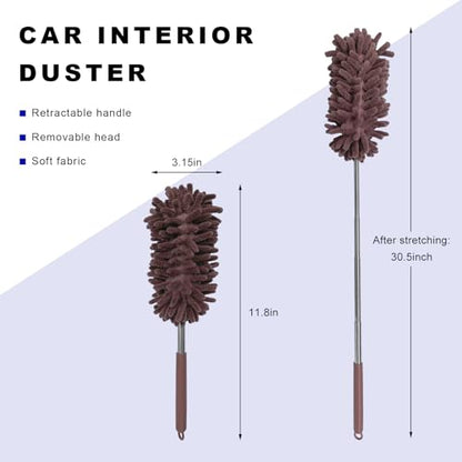 2PCS Car Interior Duster with Extension Pole, 11.8" to 30.5" Retractable Duster Washable Long Handle Cleaning Tool, Soft Chenille Detailing Brush for Auto Dash Vent Window (Khaki) - color: Khaki