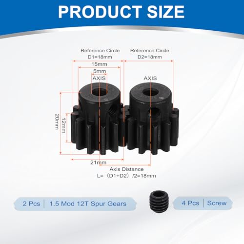 uxcell 2Pcs 1.5 Mod 12T Spur Gear 5mm Bore, 1045 Steel Pinion Gear Black Surface Treatment, 20° Pressure Angle, for Spur Rack and RC Model Car or Motor DIY(15mm) - size: 1.5 Mod 12T, 5mm x 15mm
