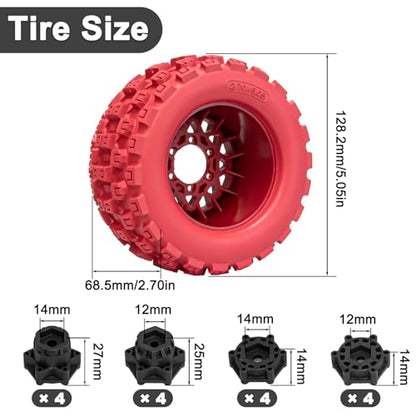 LRFHL MX28 F/R 2.8" RC Monster Truck Tires and Wheels 4PCS, Red | 12mm/14mm Hex Adapter, 1/10 RC Monster Truck, Compatible with Traxxas Stampede Rustler Redcat Arrma Vorteks Big Rock Granite - color: Red Tires+ Red Wheel-7
