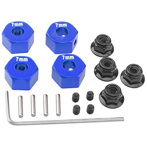 Metal 12mm Hex Wheel Hubs 7mm Thick Drive Adapters with Flanged Lock Nuts Compatible with Traxxas 1/10 4WD Rustler Slash Stampede RC Car，Replace Part 1654 (Blue) - color: Blue