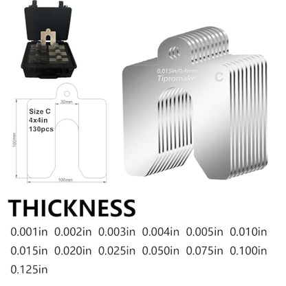 130-Piece Size C 4 x 4 in 304 Stainless Steel Slotted Shim Kit, 13 Gauges | Metal Shims for Leveling, Alignment and Gap Filling, with Laser-Engraved Thickness Marks and Storage Box - size: Size C 4" x 4"