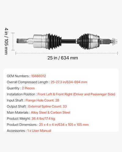 VEVOR CV Axle Shaft Assembly, 2 Pieces Front Left & Right Side (Driver and Passenger Side), Automotive Replacement CV Joint Axles Pair Compatible with 2006-2010 Hummer H3, Alloy Steel & Carbon Steel - size: 2006-2010 Hummer H3, style: Front Driver and Pas