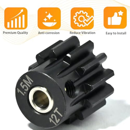 M1.5 12T Pinion Gear 8mm Bore with 8mm to 5mm Shaft Adapter Sleeve, Chromium Steel Motor Gear with Set Screw & Hex Key for Traxxas ARRMA Losi 1/5 1/8 RC Cars - size: 12T