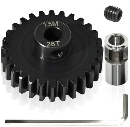 M1.5 28T Pinion Gear 8mm Bore with 8mm to 5mm Shaft Adapter Sleeve, Chromium Steel Motor Gear with Set Screw & Hex Key for Traxxas ARRMA Losi 1/5 1/8 RC Cars - size: 28T