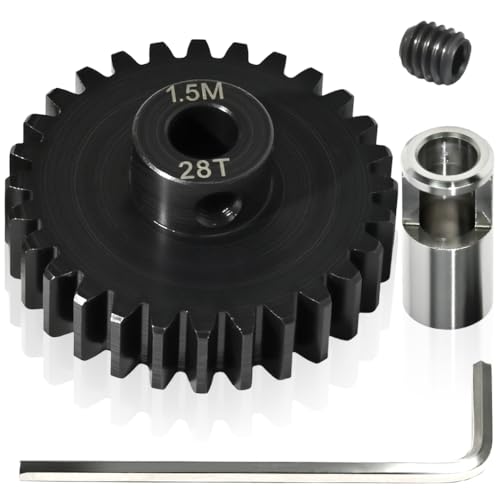 M1.5 28T Pinion Gear 8mm Bore with 8mm to 5mm Shaft Adapter Sleeve, Chromium Steel Motor Gear with Set Screw & Hex Key for Traxxas ARRMA Losi 1/5 1/8 RC Cars - size: 28T