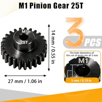 M1 Gear 25T 5mm Bore 3-Pack – High-Precision Hardened Steel Motor Pinion Gear for 1/8 1/10 RC Crawler, Monster Truck, Short Course Truck & Boat (Compatible with Traxxas Axial, FMS, HSP Redcat Losi) - style: M1 3Pcs 25T
