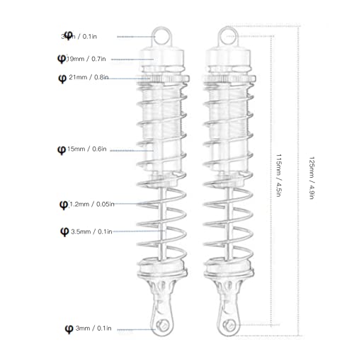 RC Shock Absorber 2Pcs 115mm/4.5in, Oil-Filled Adjustable Damper | Assembled with Springs | Fits Axial SCX10 1/10 Crawler Car(Glod) - color: Glod
