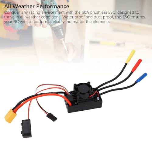 Yunseity Brushless ESC 60A, RC Electronic Speed Controller Replacement for 1:10 Buggy On Road Off Road, Brushless RC Car ESC with Cooling Fan, Motor Controller for Hobby