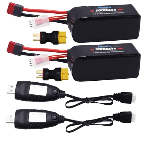 Blomiky 2 Pack 11.1V 3000mAh 33.3Wh 30C Li-Po Rechargeable T Plug Shorty Battery with XT60 Converter and Cable Suitable for Some 1/8 1/10 1/12 1/14 H14BM RC Cars /11.1V 3000mAh T 2