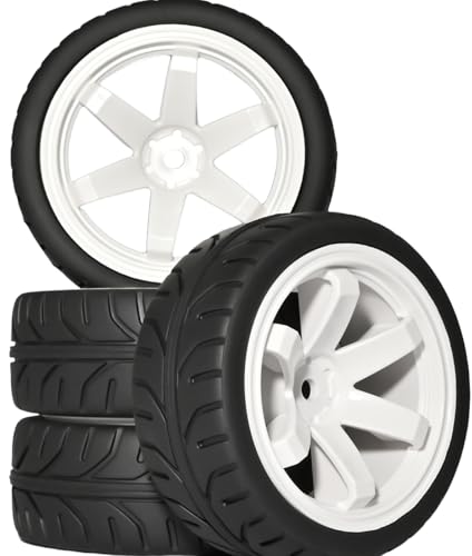 OD 2.55" On Road Rubber Tires Plastic Wheel Rims 12mm Hex for 1/10 RC Car | Compatible with MJX HSP Tamiya HPI Kyosho Traxxas Sakura Redcat WLtoys 1/10 RC On-Road Racing Touring Car (4pcs, White) - style: B-White