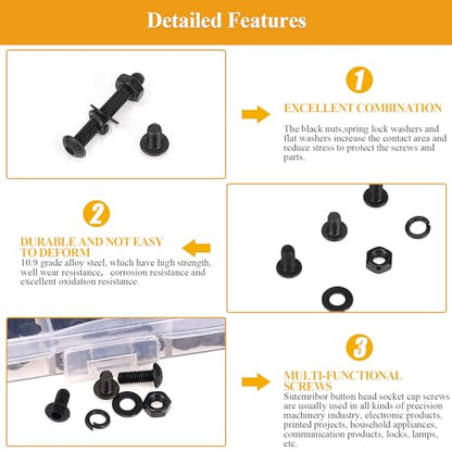 565 Pieces M3 Screws Nuts Washers Set Black, Sutemribor M3 x 5/6/8/10/12/16/20mm Button Head Socket Cap Screws Nuts Washers Assortment Kit, 10.9 Grade Alloy Steel, Fully Threaded - size: M3, style: Button Head Socket Cap