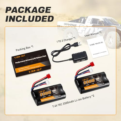 7.4V Li-ion Battery 3300mAh High Capacity RC Battery with Dean-Style T Plug 2S Rechargeable with 1 to 2 USB Charger Fit for WLtoys 4WD High Speed RC Cars Most 1/10, 1/12, 1/16 Truck