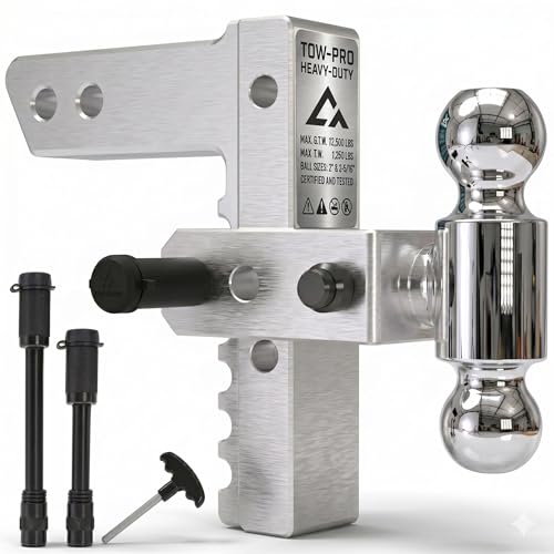 Adjustable Trailer Hitch - Heavy Duty Aluminum Drop Drawbar Hitch - Fits 2" Receiver, 8" Drop/Rise with 2" & 2-5/16" Solid Dual Balls 12,500 LBS GTW- for Truck, SUV, RV - color: Silver, size: 2" 8 Drop-Dual Ball