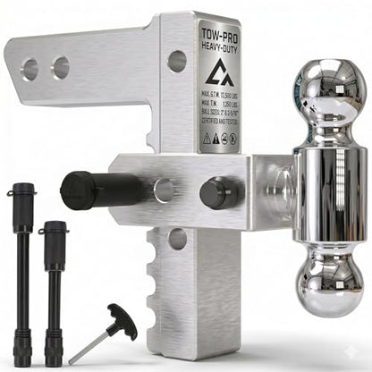 Adjustable Trailer Hitch - Heavy Duty Aluminum Drop Drawbar Hitch - Fits 2" Receiver, 8" Drop/Rise with 2" & 2-5/16" Solid Dual Balls 12,500 LBS GTW- for Truck, SUV, RV - color: Silver, size: 2" 8 Drop-Dual Ball