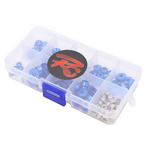 RC Screw Washer Kit Aluminum Alloy CNC Machined Flat Round Cup Head Washers and Nuts for 1/10 1/8 RC Cars, Anodized Lightweight Hardware Set with 125 PCS in Plastic Box (Blue) - color: Blue