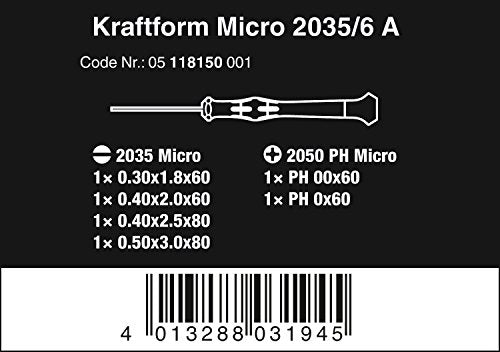 Wera 2035/6 A Kraftform Micro Slotted/Phillips Electronics Screwdriver Set and Rack, 6-Pieces - size: Slotted/Phillips: One Size
