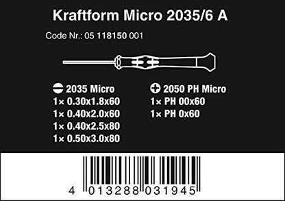 Wera 2035/6 A Kraftform Micro Slotted/Phillips Electronics Screwdriver Set and Rack, 6-Pieces - size: Slotted/Phillips: One Size
