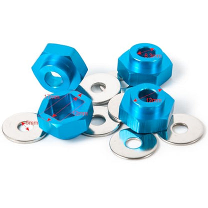 4PCS Aluminum Alloy 12mm Turn to 17mm Wheel Rim Hex Adapter Drive Hub Converter Extension Compatible with Tamiya Axial Traxxa HPI Himoto HSP Losi Kyosho 1/10 RC On-Road Car Tires (Blue) - color: Blue