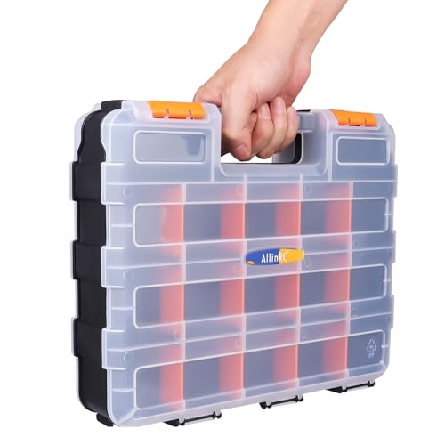 Small Parts Organizer Double Sided Parts Organizer with Removable Dividers 34-Compartments Storage Bins for Hardware, Screws, Nuts, Bolts, Washers, Nails, Fasteners, Tools