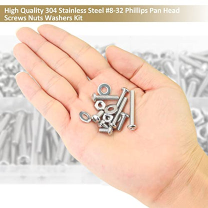 202 Pieces #8-32x 1/4", 5/16", 3/8", 1/2", 5/8", 3/4", 1", 1-1/4", Phillips Pan Head Machine Screws Nuts Washers Assortment Kit, 304 Stainless Steel, Fully Machine Thread - size: #8-32