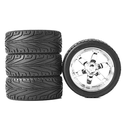 4PCS RC Car Rubber Tires and Plastic Wheels Rims Compatible with 1/10 Scale On Road Touring Racing Flat Drift Car for HSP HPI Tamiya(Silver) - color: Silver