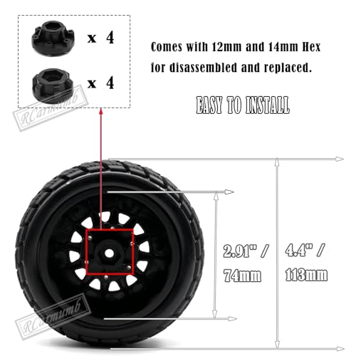 RC Wheels and Tires for 1/10 Slash 2WD 4×4 4wd,Senton Axia1 Red cat Rc 4wd Hex Detachable Replacement Snow Tires Desert Tires,12mm/14mm Hex Rc Truck Tires (4pcs) Black