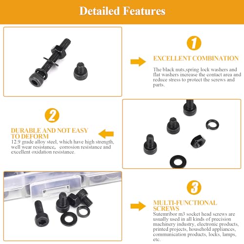 565 Pieces M3 Screws Nuts Washers Set Black, Sutemribor M3 x 4/6/8/10/12/16/20mm Hex Socket Head Cap Screws Nuts Washers Assortment Kit, 12.9 Grade Alloy Steel, Fully Threaded - size: M3, style: Socket Head