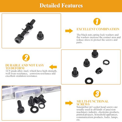 565 Pieces M3 Screws Nuts Washers Set Black, Sutemribor M3 x 4/6/8/10/12/16/20mm Hex Socket Head Cap Screws Nuts Washers Assortment Kit, 12.9 Grade Alloy Steel, Fully Threaded - size: M3, style: Socket Head