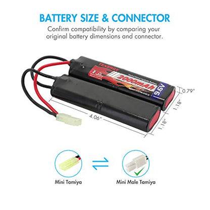 Tenergy Airsoft Battery 9.6V NiMH Nunchuck Battery with Mini Tamiya Connector High Capacity 2000mAh Battery Pack for Airsoft Guns - color: Battery