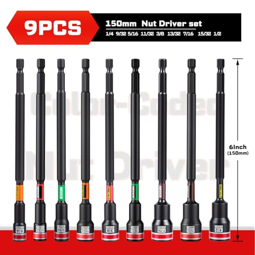 Geinxurn Impact Nut Driver Set, 9 Pieces 6 Inch Long Magnetic SAE Nut Setter Set 6 Point Alloy Steel Use 1/4” Hex Shank Impact Driver Stored in Portable Storage Cases for Repair - size: 6", style: 6"-S