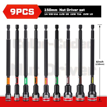 Geinxurn Impact Nut Driver Set, 9 Pieces 6 Inch Long Magnetic SAE Nut Setter Set 6 Point Alloy Steel Use 1/4” Hex Shank Impact Driver Stored in Portable Storage Cases for Repair - size: 6", style: 6"-S