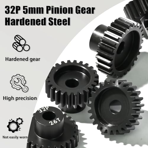 5Pcs 32P Hardened Steel Pinion Gear Set 5mm Shaft 23T 24T 25T 26T 27T Motor Pinion Gear with M4 Screw and Hex Key, for Arrma HPI Kyosho Losi Axial Traxxas Tamiya 1/10 RC Car and 540/550 Motors - size: 32P-HSP-5mm-23-27T