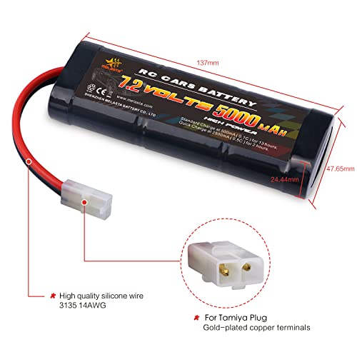 melasta 7.2V 5000mAh 6-Cell NiMH RC Battery for Cars/Trucks | High-capacity 10C discharge rate pack. Tamiya connector. Compatible with RC trucks, tanks, boats, and racing cars.