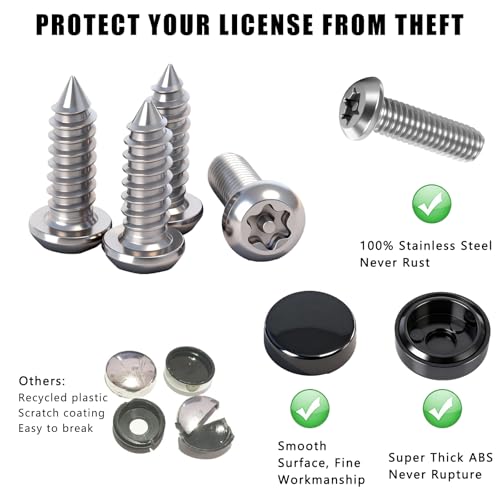 3rd-Gen Upgraded Anti Theft License Plate Screws Kit, Rustproof Stainless Steel License Plate Bolts, M6 (1/4") Fasteners with Caps, Front & Rear Mounting Hardware for Car, Truck, Motorcycle