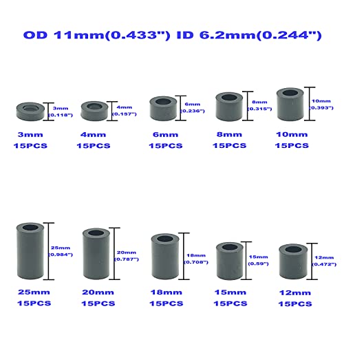 OD 11mm(0.433") ID 6.2mm(0.244") Plastic Unthreaded Spacers Assortment;Wall Plate spacers for M6 Screws;Clearance Spacers;Round Spacers;3mm to 25 mm Lengths(Black) - size: OD 11mm ID 6.2mm