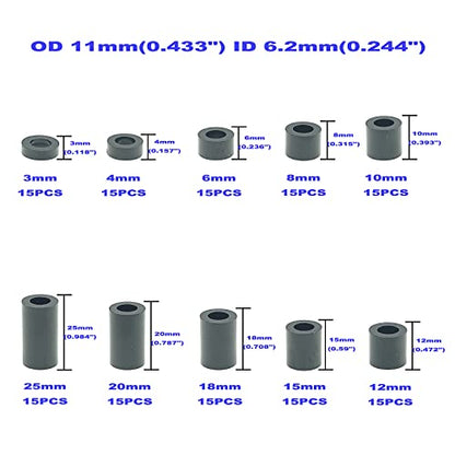 OD 11mm(0.433") ID 6.2mm(0.244") Plastic Unthreaded Spacers Assortment;Wall Plate spacers for M6 Screws;Clearance Spacers;Round Spacers;3mm to 25 mm Lengths(Black) - size: OD 11mm ID 6.2mm