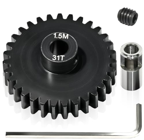 M1.5 31T Pinion Gear 8mm Bore with 8mm to 5mm Shaft Adapter Sleeve, Chromium Steel Motor Gear with Set Screw & Hex Key for Traxxas ARRMA Losi 1/5 1/8 RC Cars - size: 31T