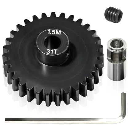M1.5 31T Pinion Gear 8mm Bore with 8mm to 5mm Shaft Adapter Sleeve, Chromium Steel Motor Gear with Set Screw & Hex Key for Traxxas ARRMA Losi 1/5 1/8 RC Cars - size: 31T