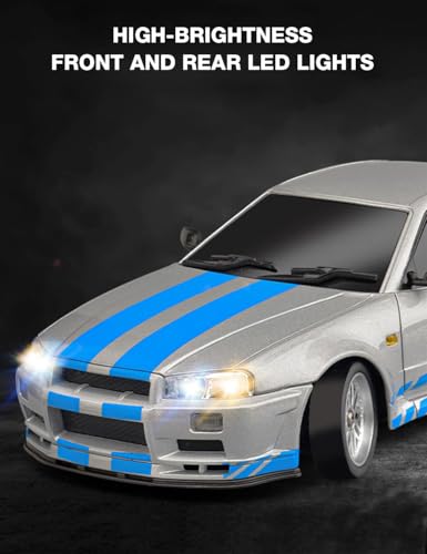 LD1899 1/18 Scale RC Drift Car, GTR R34 2.4GHz RWD Mini Model Car with Gyro, Alloy Body Shell Racing Cars for Adults Toys (Blue) - color: Blue