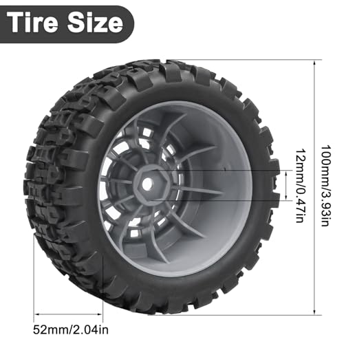 LRFHL 12mm Hex RC Wheel Tires 4PCS | for 1/16 Traxxas Mini Maxx 107154-1 Mini XRT VXL 108076-1 E-Revo Mini XRT MJX 16207 16210 HSP 94186 LOSI 1/18 Mini LMT - color: Black Tires+ Grey Wheel-4
