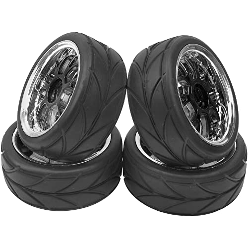 4Pcs HIRCQOO OD 2.55" 1/10 On Road Rubber Tires & 12mm Hex Hub Plastic Wheel Rims Compatible with Traxxas HSP Tamiya HPI Kyosho Redcat 1/10 On-Road Touring Car
