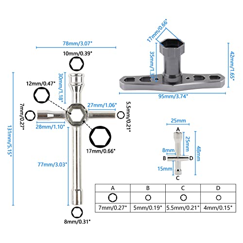 4pcs Mini 4-Way & 6-Way Cross Sleeve Wrenches & Aluminum Hex Nut Driver Bolts Tool Kit 5.5mm 7mm 8mm 10mm 12mm 17mm for 1/8 1/10 RC Car Remote Control Boat Helicopter Drone Robot
