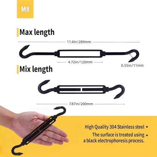 5 Pack Black 304 Stainless Steel M8 Hook and Hook Turnbuckle, Heavy Duty Wire Rope Tensioner, Adjustable Hardware Kit for DIY String Light Hanging, Shade Sail, Clothesline & Picture Hanging - color: Hook and Hook, size: M8-5 Pcs