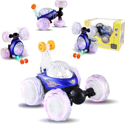 Haktoys Rechargeable RC Tornado Stunt Car – 360° Flip Remote Control Turbo Twister Vehicle with Lights & Music | Double-Sided Spinning Car Toy for Toddlers Kids Boys Girls (Blue) - color: Blue