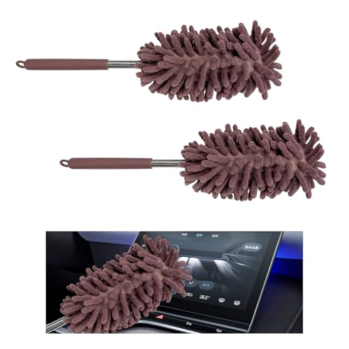 2PCS Car Interior Duster with Extension Pole, 11.8" to 30.5" Retractable Duster Washable Long Handle Cleaning Tool, Soft Chenille Detailing Brush for Auto Dash Vent Window (Khaki) - color: Khaki