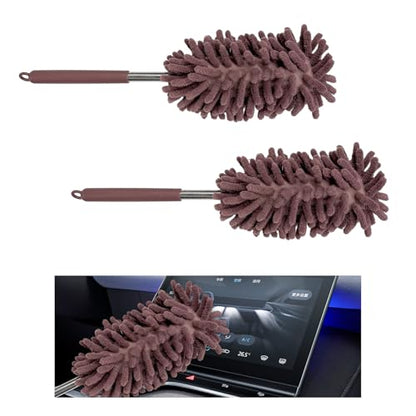 2PCS Car Interior Duster with Extension Pole, 11.8" to 30.5" Retractable Duster Washable Long Handle Cleaning Tool, Soft Chenille Detailing Brush for Auto Dash Vent Window (Khaki) - color: Khaki