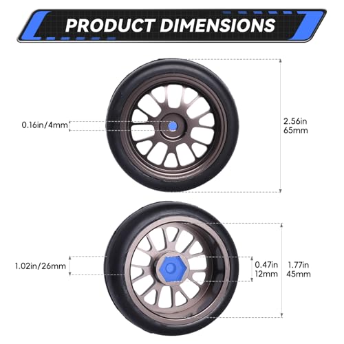 PreGlued Aluminum 12mm Hex Wheel Rims Metal and 2.56" Rubber Tires for 1/10 On-Road Touring Car RC Drift Car, Set of 4 (Edition B)